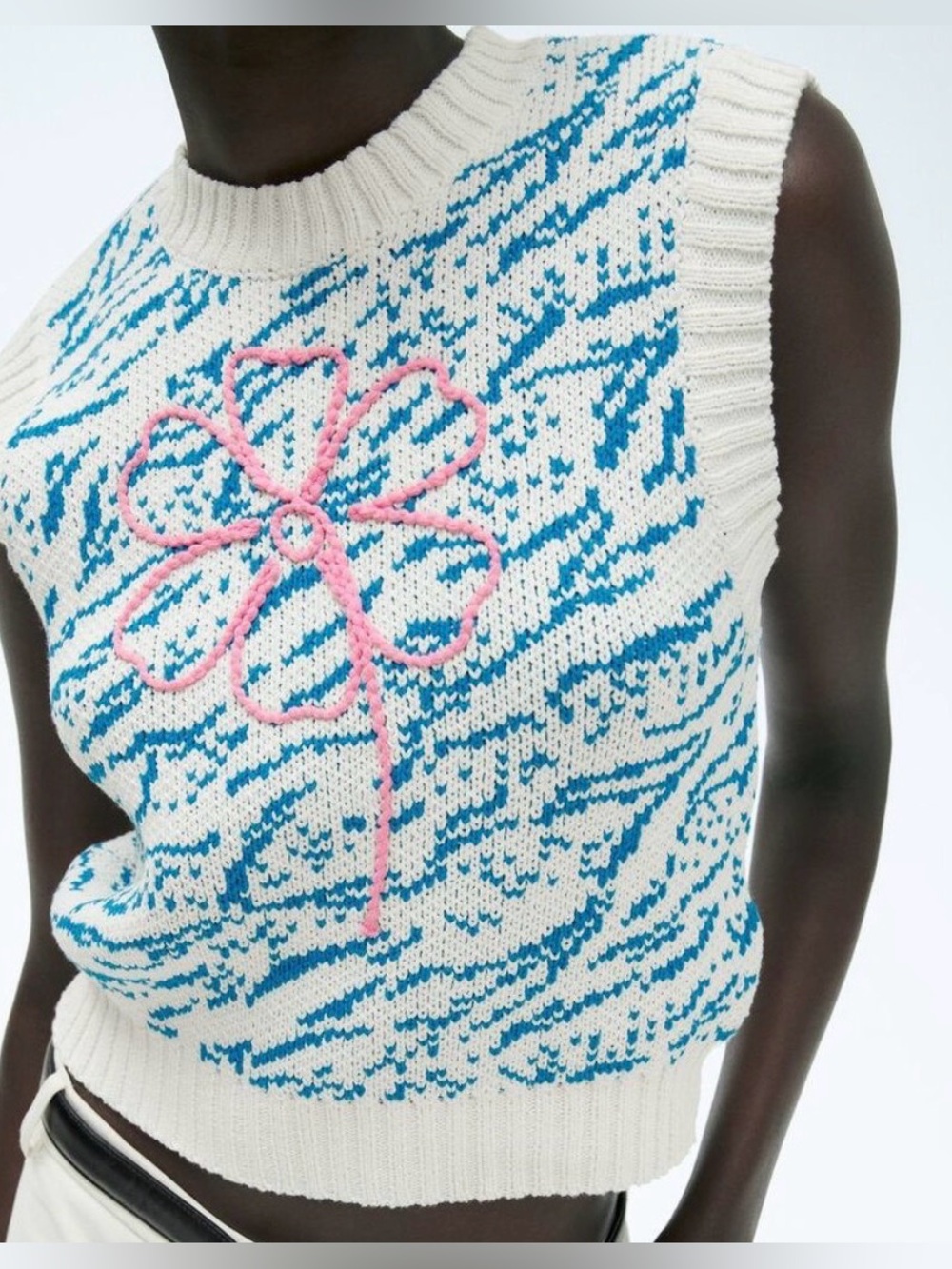 Zara Zebra Print Knit sweater Vest Pink Embroidered flower eclectic retro Y2K S